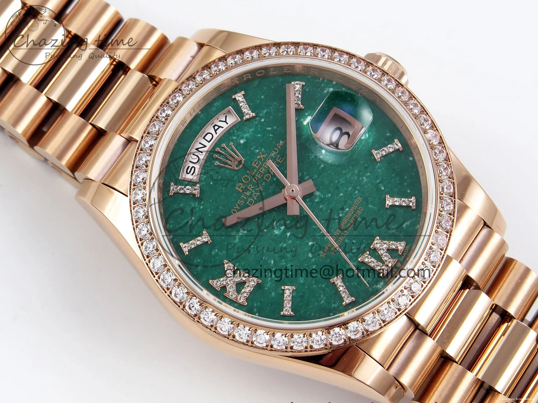 Good Copy Rolex Watches Edition RG on TWSF 36 Diamonds Diamonds Date Bezel Day SmartChoice Green 1608 Best Dial Roman RG A Bracelet 0114
